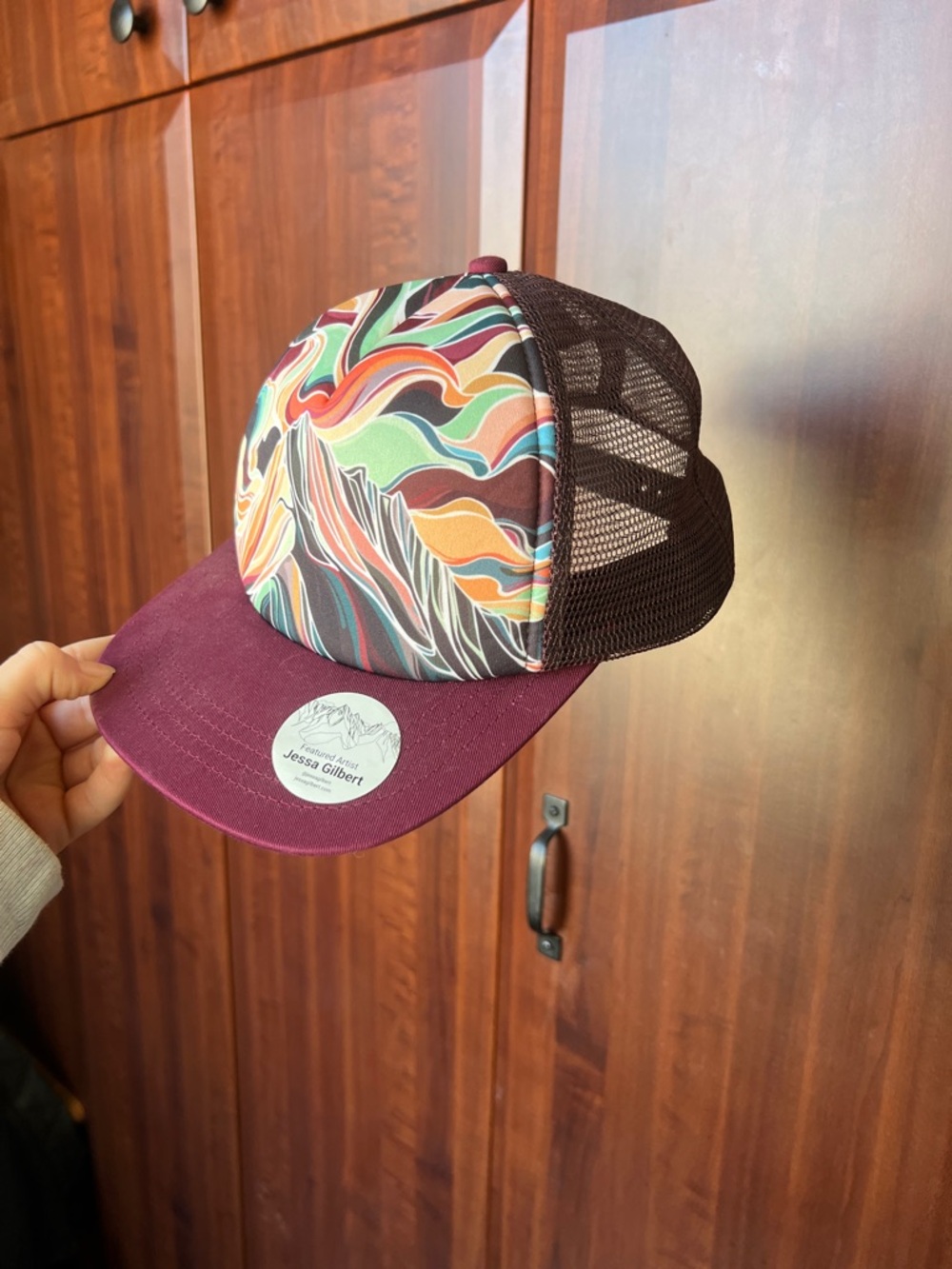 Women's Multi-Color Patterned Trucker Hat - Maroon Visor
